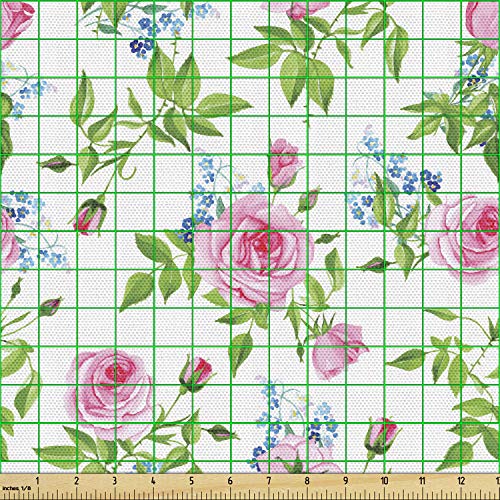Lunarable Shabby Flora Fabric by The Yard, Forget Me Not Flowers with Pink Roses Tender and Delicate Spring Theme, Decorative Fabric for Upholstery and Home Accents, 2 Yards, Green Pink - Image 2