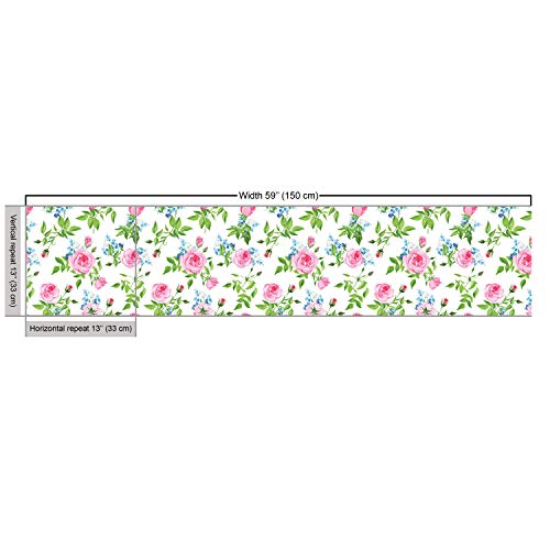 Lunarable Shabby Flora Fabric by The Yard, Forget Me Not Flowers with Pink Roses Tender and Delicate Spring Theme, Decorative Fabric for Upholstery and Home Accents, 2 Yards, Green Pink - Image 3