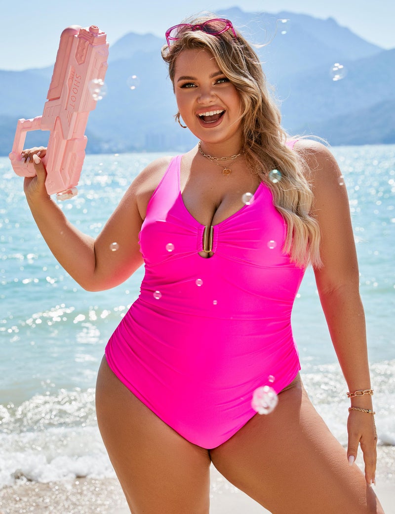 BMJL Women's Tummy Control Swimsuits Ruched Slimming One Piece Bathing Suit Deep V Neck Swimsuit(M,Hot Pink) - Image 5