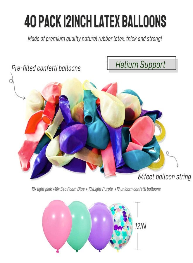 Haptda Unicorn Balloons 40 Pack, 12 Inch Light Purple Pink Seafoam Blue Latex Balloons with Confetti Balloon for Party Supplies Graduation Wedding Baby Shower Unicorn Birthday Decorations with Ribbon - Image 5