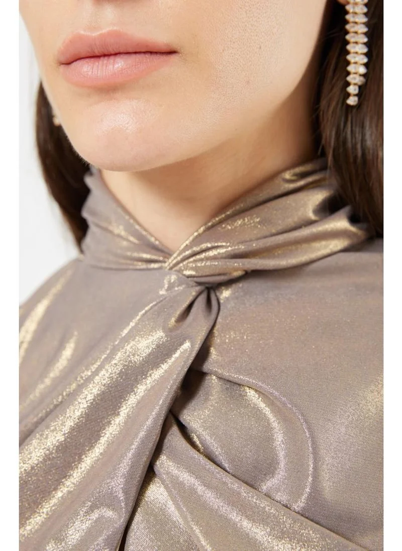 Amri Twisted Front Neck Dress with Long Sleeves and Wrap Over Bottom