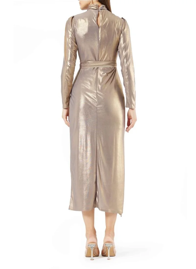 Amri Twisted Front Neck Dress with Long Sleeves and Wrap Over Bottom