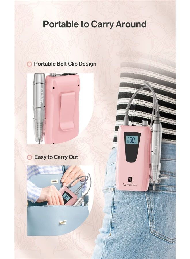 MelodySusie Professional Nail Drill 30000RPM, Rechargeable Electric Nail Drill Machine, Cordless Electric Nail E File for Acrylic Gel Nails, 8pcs Nail Drill Bits 106pcs Sanding Bands, Selene, Pink - Image 4