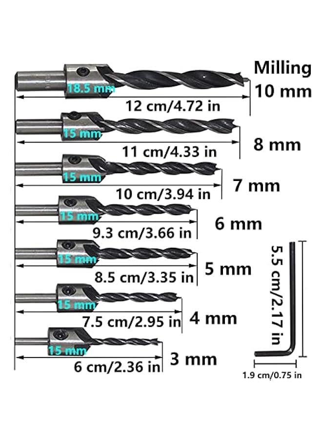 MOXO Countersink Drill Bit Set with Center Punch Seven  for Woodworking Includes Wood Screw Countersink and Pilot Hole Bits Chamfer Bore Sizes from Three to Ten Millimeters with  Hex Key Wrench - Image 5