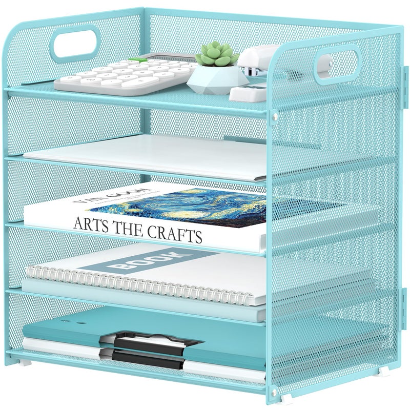 Supeasy 5 Trays Paper Organizer Letter Tray with Handle-Mesh Desk File Organizer, Paper Sorter Desk Organizer for Office, Home or School (Light Blue) - Image 1