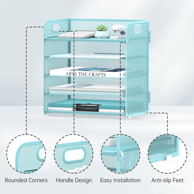 Supeasy 5 Trays Paper Organizer Letter Tray with Handle-Mesh Desk File Organizer, Paper Sorter Desk Organizer for Office, Home or School (Light Blue) - Image 3