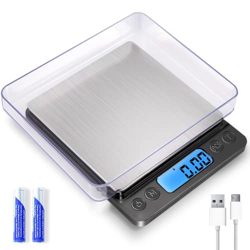 Small Digital Gram Scale 1000g by 001g MEIYA High Accuracy Scale for Food Ounces and Grams Upgrade USB Charging Kitchen Scale Digital Weight for Cooking Baking with Tare Function 9 Units 2 Tray