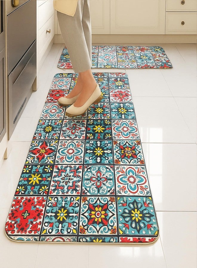 HOMEZE Kitchen Mats for Floor Set of 2 | Non-Slip, Soft Absorbent Rugs with Rubber Backing | Washable Cushioned Anti-Fatigue Mats for Kitchen, Sink & Laundry (40x120 cm + 40x60 cm, Multi-Color) - Image 1