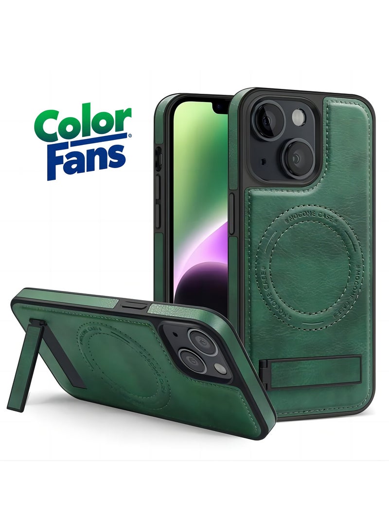 Color Fans For iPhone 14 Case Compatible with MagSafe Slim-Fit PU Leather Coated TPU + PC Shell - Blackish Green - Image 1