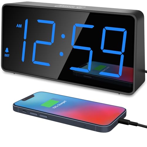 Peakeep Digital Alarm Clock for Bedroom Bedside, Loud Alarm Clock for Heavy Sleepers, Large Big LED Numbers for Seniors, Battery Backup Plug in Electric Clock with USB Charger (Blue) - Image 1