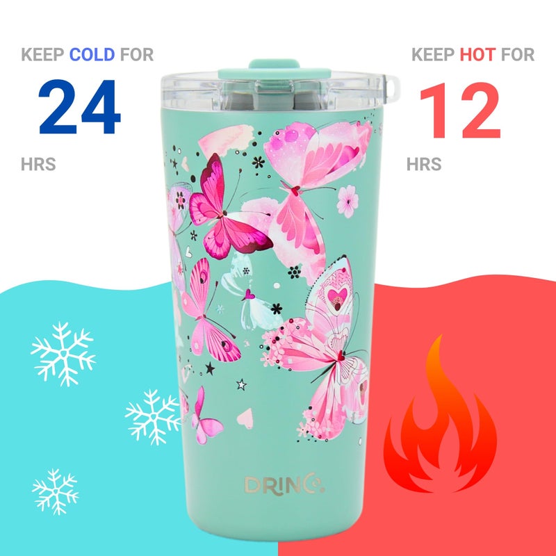 Drinco - 20 oz Stainless Steel Tumbler | Double Walled Vacuum Insulated Mug With Lid, 2 Straws, For Hot & Cold Drinks (20oz Butterfly) - Image 3