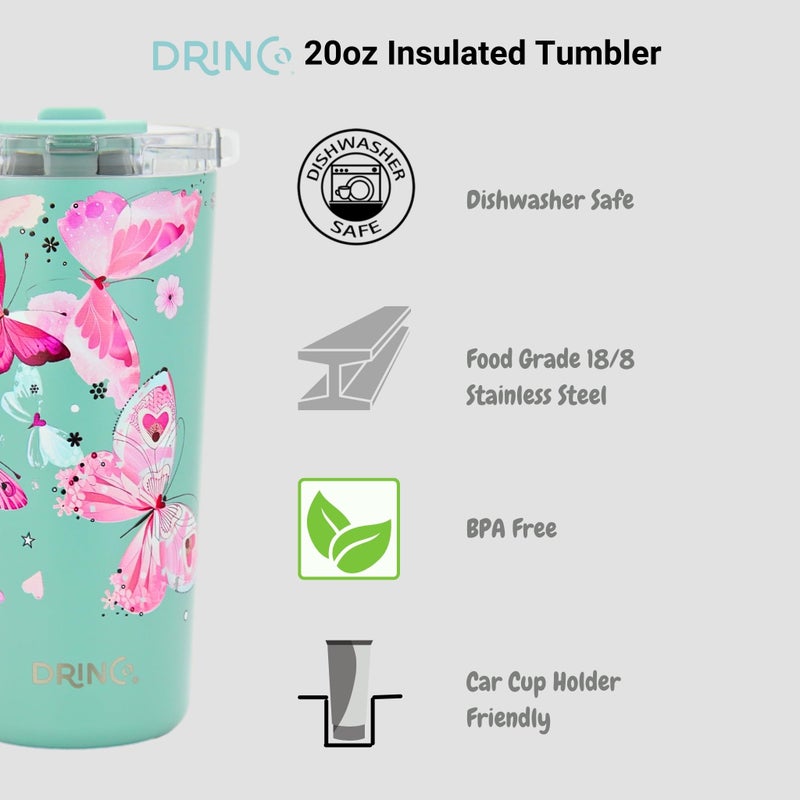 Drinco - 20 oz Stainless Steel Tumbler | Double Walled Vacuum Insulated Mug With Lid, 2 Straws, For Hot & Cold Drinks (20oz Butterfly) - Image 5