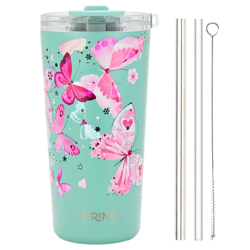 Drinco - 20 oz Stainless Steel Tumbler | Double Walled Vacuum Insulated Mug With Lid, 2 Straws, For Hot & Cold Drinks (20oz Butterfly) - Image 2