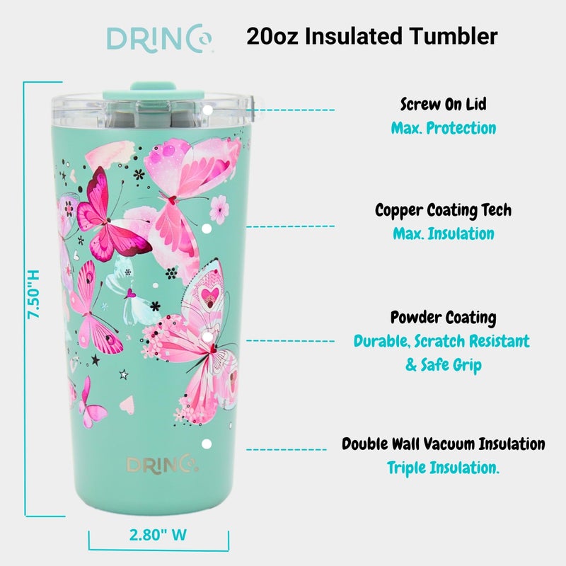 Drinco - 20 oz Stainless Steel Tumbler | Double Walled Vacuum Insulated Mug With Lid, 2 Straws, For Hot & Cold Drinks (20oz Butterfly) - Image 4