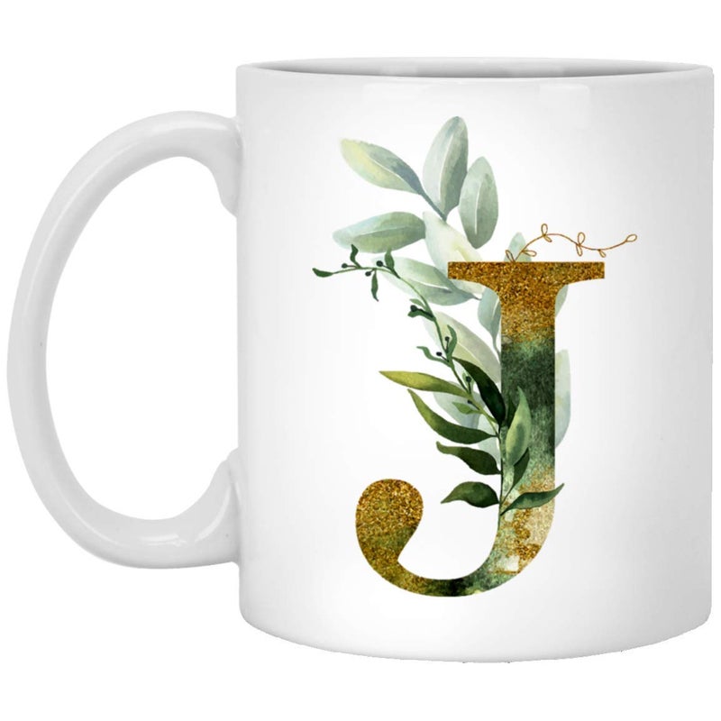 AlphaJ Graphic Letter J Coffee Mug  Alphabet Letter Monogram J  Gold Shimmer Any Letter Floral Alphabet Tea Coffee Hot Chocolate Cup For Her Birthday Christmas Mothers Day Coffee Mug 11oz