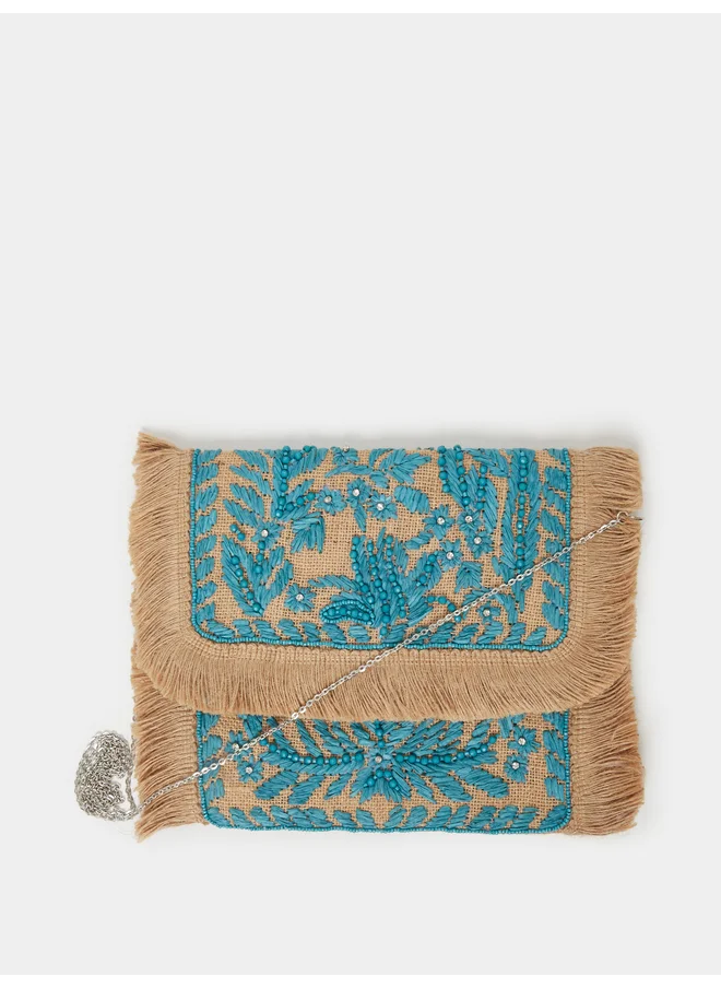 Styli Styli Embroidered Clutch with Fringe Detail