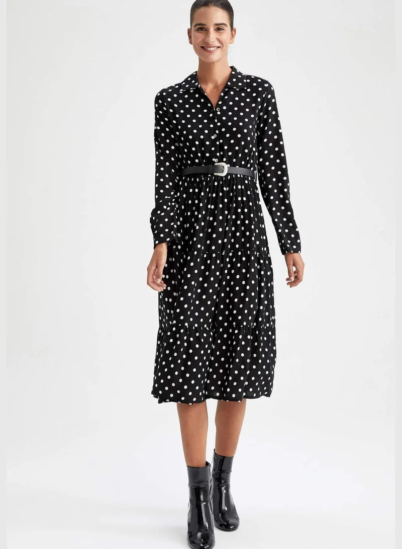 DeFacto Woman Elastic Waist Dress Shirt Neck Long Sleeve Woven Dress