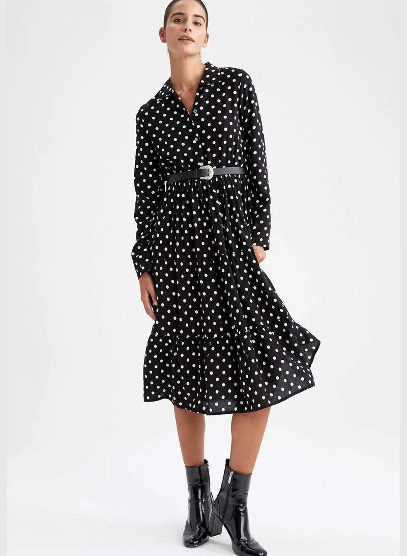 DeFacto Woman Elastic Waist Dress Shirt Neck Long Sleeve Woven Dress