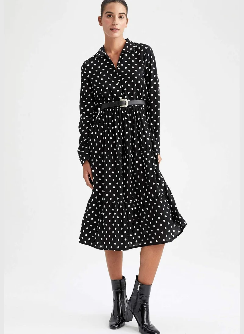 DeFacto Woman Elastic Waist Dress Shirt Neck Long Sleeve Woven Dress