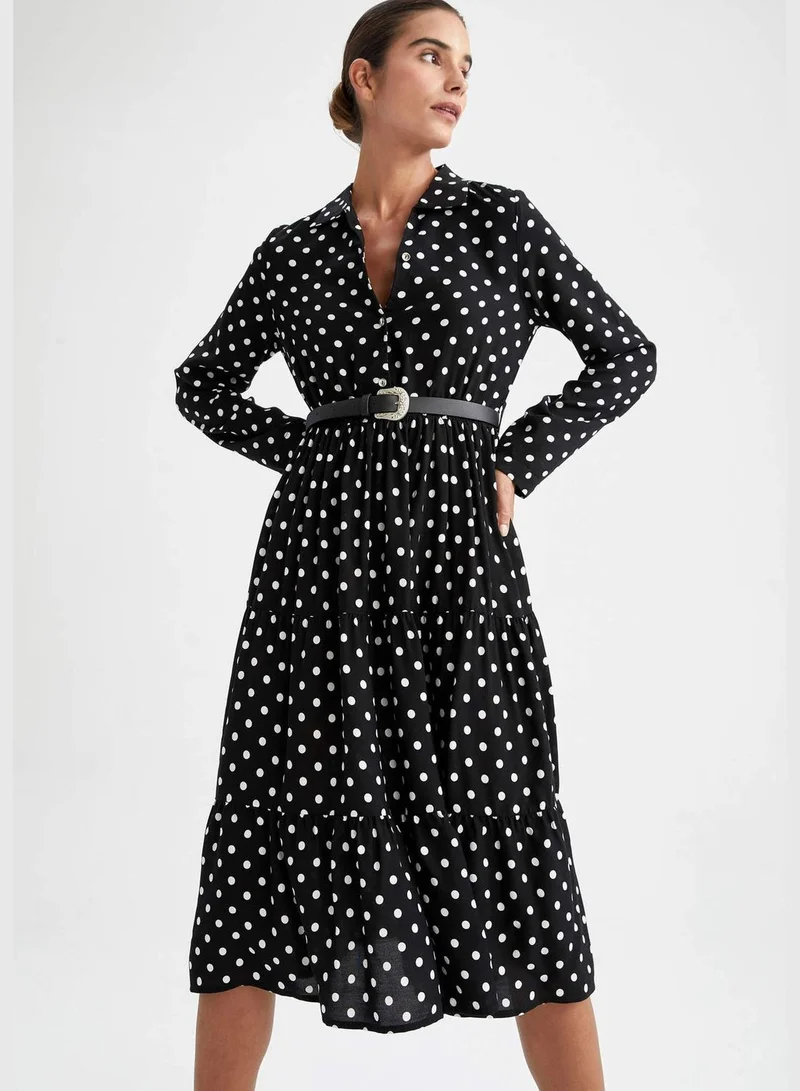 DeFacto Woman Elastic Waist Dress Shirt Neck Long Sleeve Woven Dress
