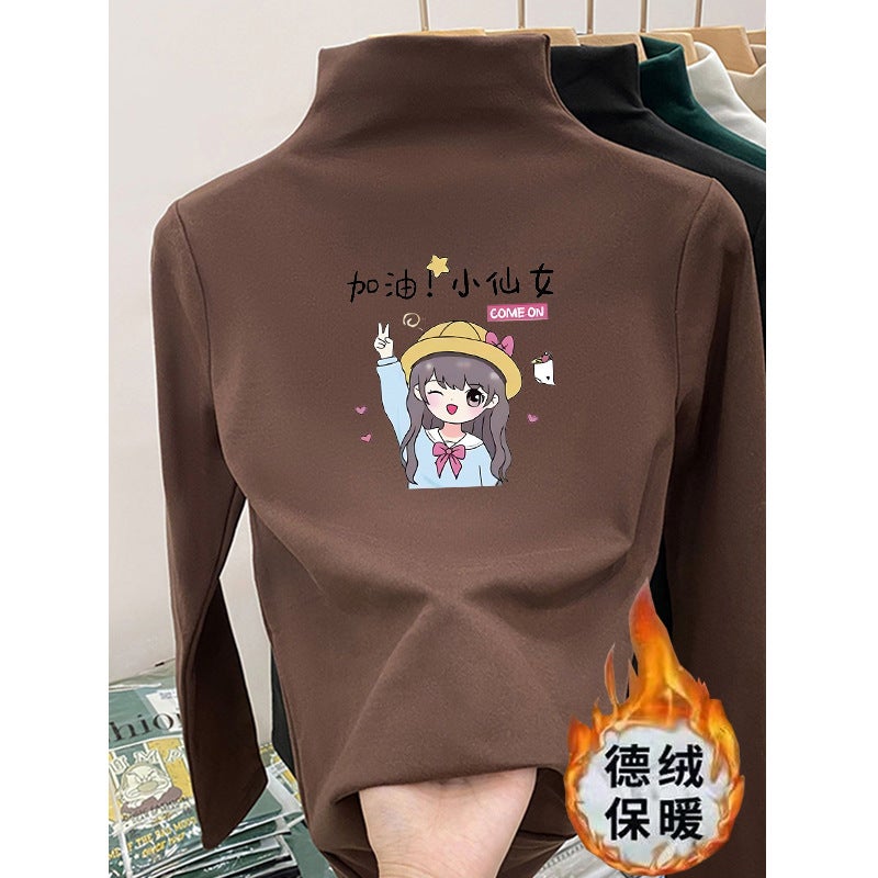 Children's Velvet Semi-high Collar T-shirt New All-match Spring and Autumn Girls Cartoon Printed Children's Long-sleeved T-shirt Trendy Base Shirt - Image 1
