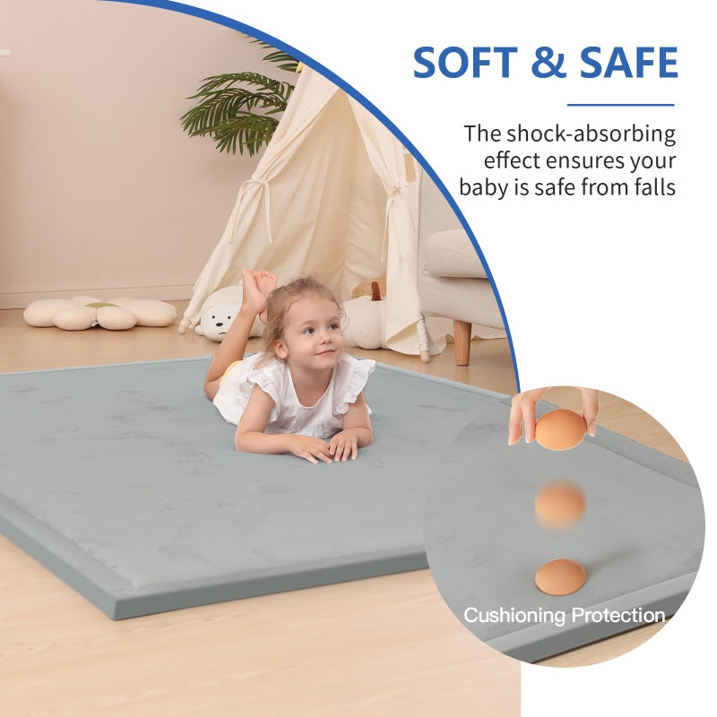 Huloo Sleep Baby Play Mat for Floor,1.3" Thick Elasti-Foam 50x50 Playpen Mat for Toddlers Infant Kids,Water-Repellent Soft Coral Velvet Tummy Time Mat,Non Slip Crawling Mat,Tatami Mat(Light Grey) - Image 3
