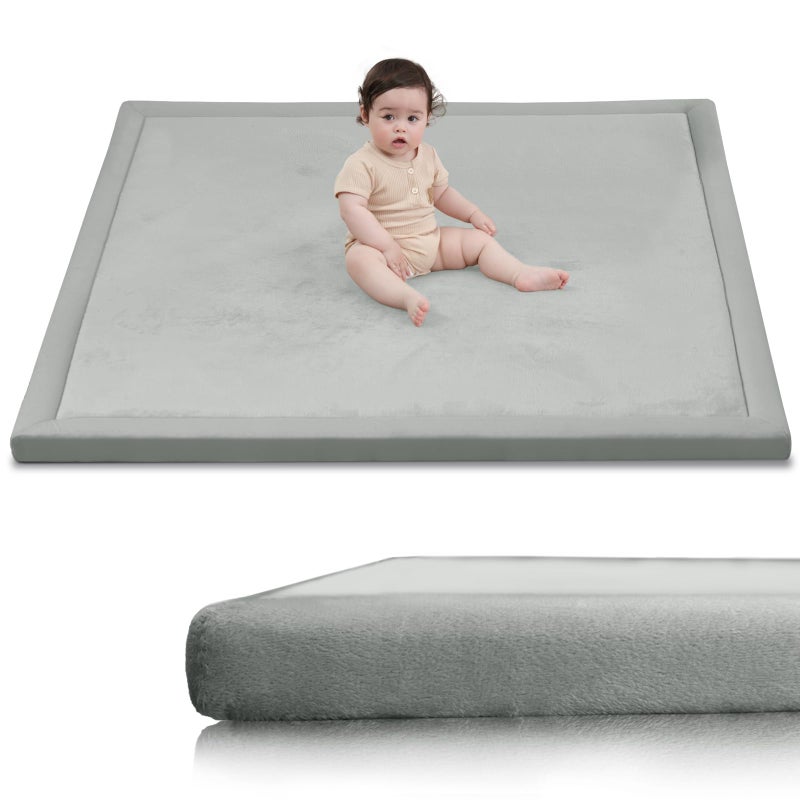 Huloo Sleep Baby Play Mat for Floor,1.3" Thick Elasti-Foam 50x50 Playpen Mat for Toddlers Infant Kids,Water-Repellent Soft Coral Velvet Tummy Time Mat,Non Slip Crawling Mat,Tatami Mat(Light Grey) - Image 1