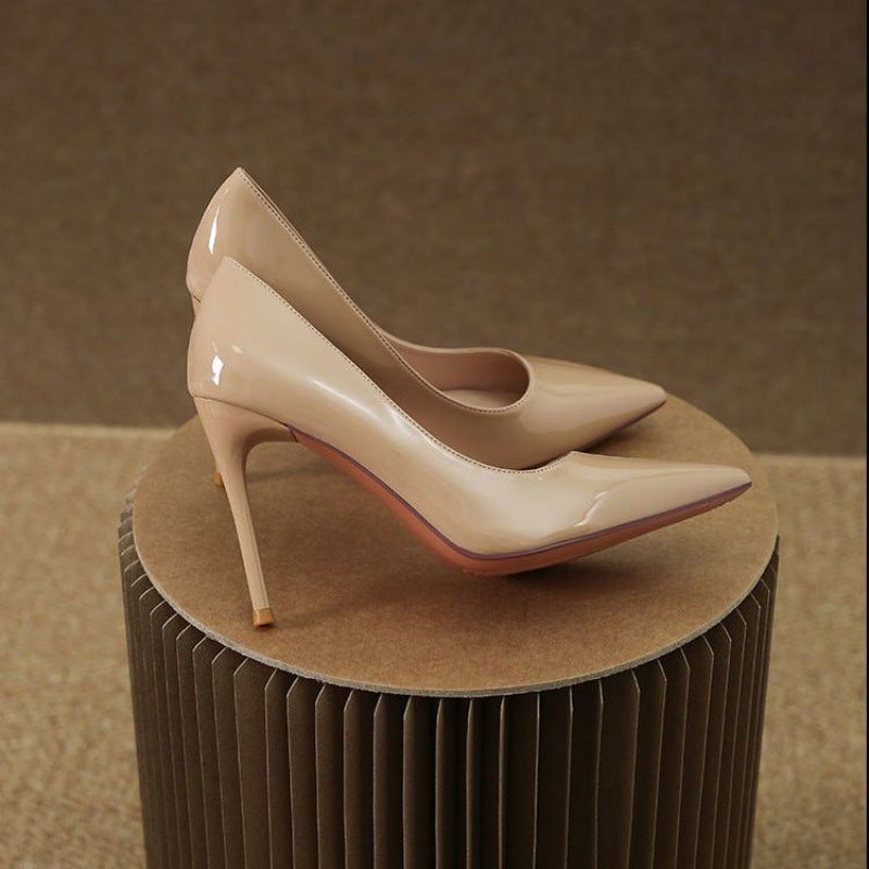 Non-Slip Stiletto Heels With Red Bottom Pointed French Shiny All-Match Single-Layer Shoes - Image 1