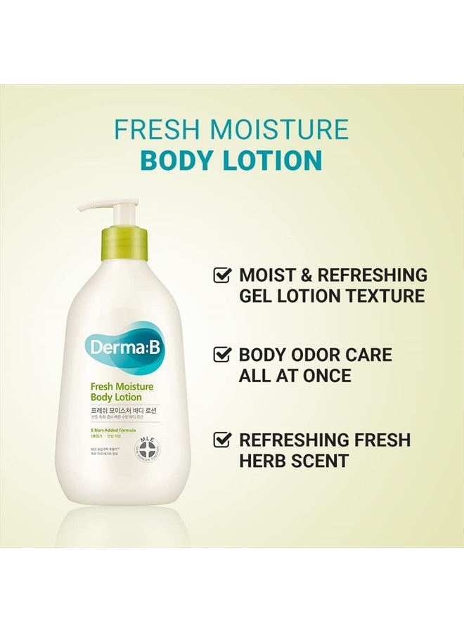 derma b Derma B Fresh Moisture Body Lotion, Intensive Skin Moisturizing, Fast-Absorbing Long-Lasting Scented Body Care, Natural Deodorant Cream, Korean Skincare with Hyaluronic Acid 13.5 Fl Oz, 400ml, Kbeauty  - Image 2