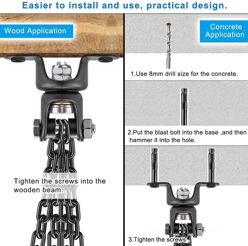 BeneLabel Heavy Bag Ceiling Mount with Spring & Chains 360° Rotation Punching Bag Ceiling Hanger with Bearings Boxing Bags Holder Hardware with 2 Wood Screws and 2 Expansion Screws - Image 5
