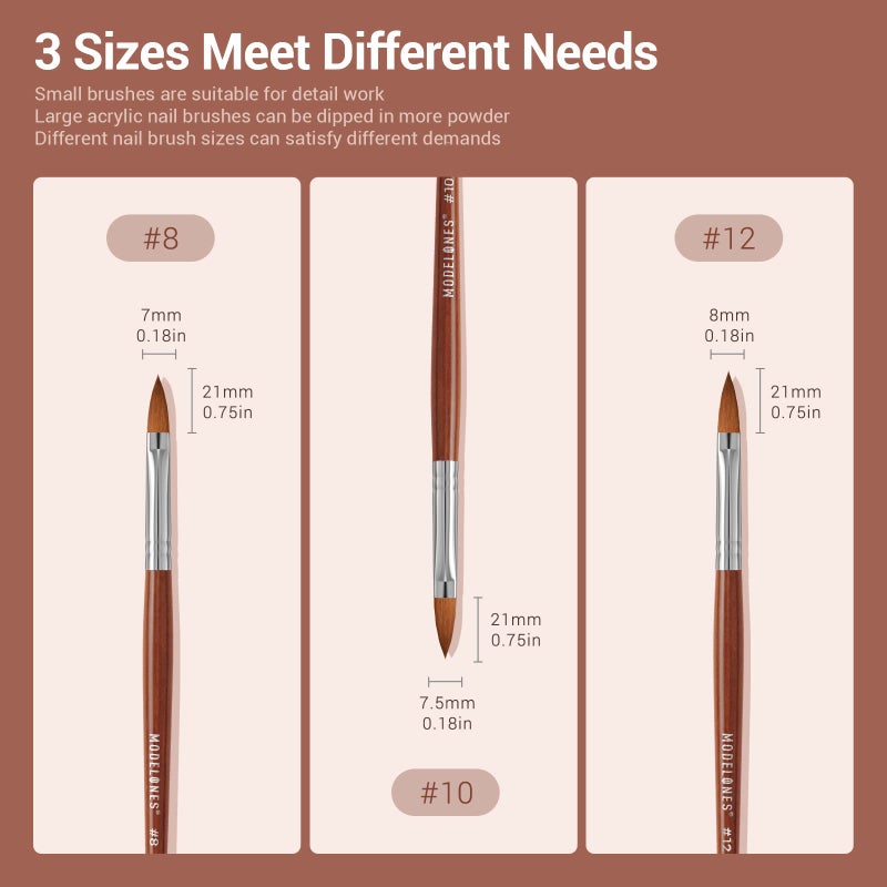 Modelones 3pcs Acrylic Nail Brush Set, Size 8/10/12 Kolinsky Acrylic Brushes for Acrylic Powder Application, Nail Extension, 3D Nail Carving, Round Shaped Nail Art Brushes with Wooden Handle - Image 5