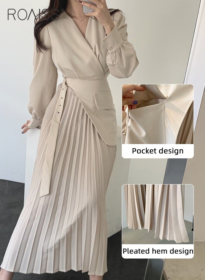roaiss Exquisite V-Neck Dresses for Women with Puff Sleeve Design French Solid Color Long Sleeve Buttoned Pleated Hem High Waist Dress Ladies Elegant Premium Temperament Wedding Guest Costumes  - Image 5