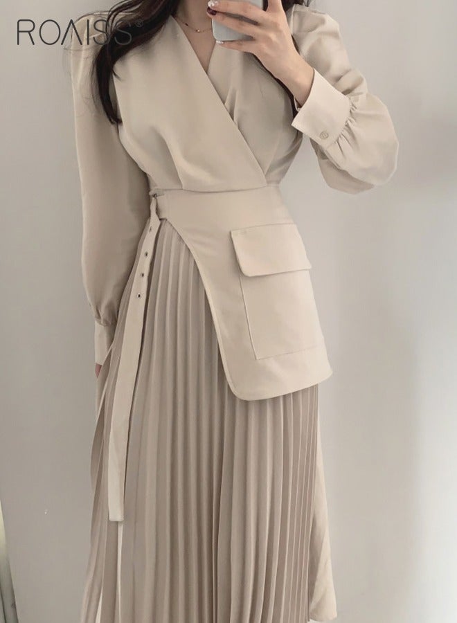 roaiss Exquisite V-Neck Dresses for Women with Puff Sleeve Design French Solid Color Long Sleeve Buttoned Pleated Hem High Waist Dress Ladies Elegant Premium Temperament Wedding Guest Costumes  - Image 2