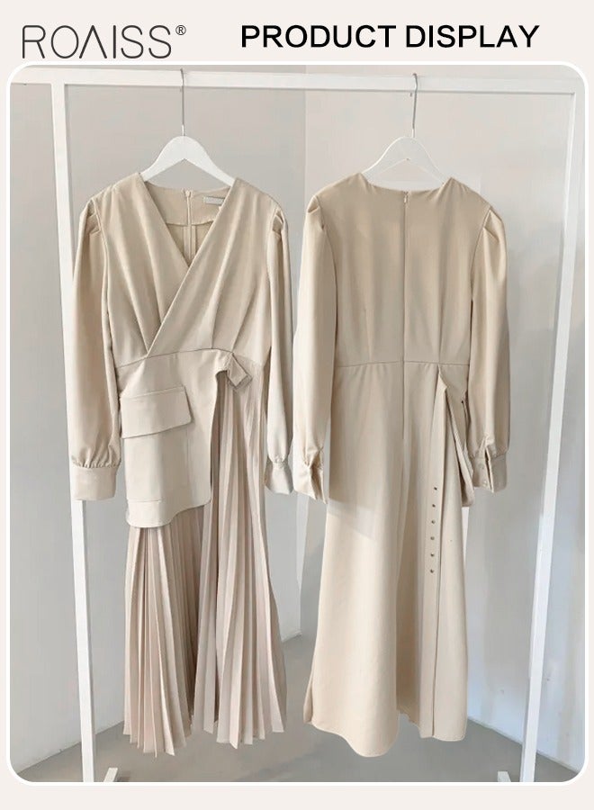 roaiss Exquisite V-Neck Dresses for Women with Puff Sleeve Design French Solid Color Long Sleeve Buttoned Pleated Hem High Waist Dress Ladies Elegant Premium Temperament Wedding Guest Costumes  - Image 4