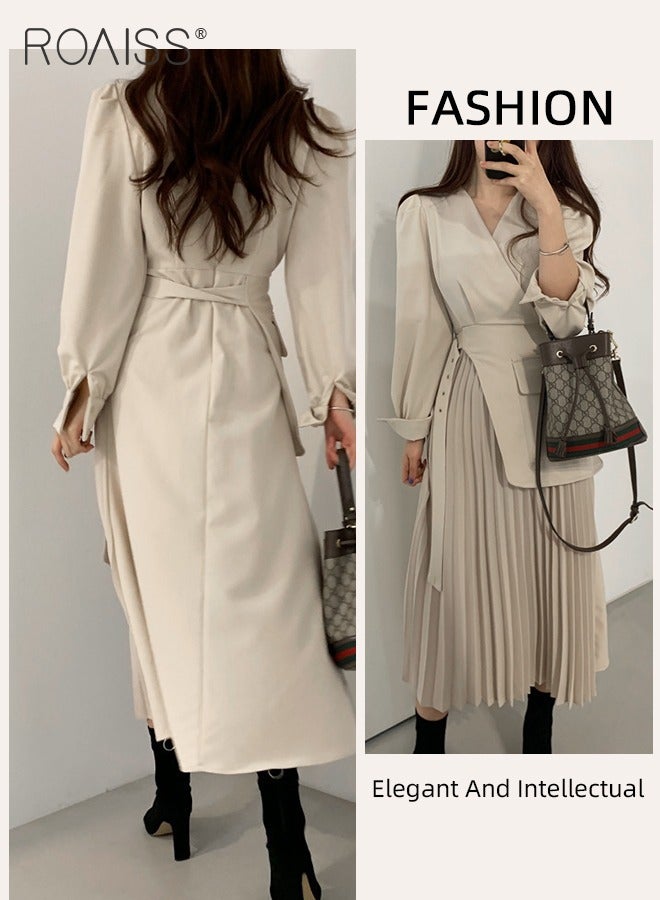 roaiss Exquisite V-Neck Dresses for Women with Puff Sleeve Design French Solid Color Long Sleeve Buttoned Pleated Hem High Waist Dress Ladies Elegant Premium Temperament Wedding Guest Costumes  - Image 3