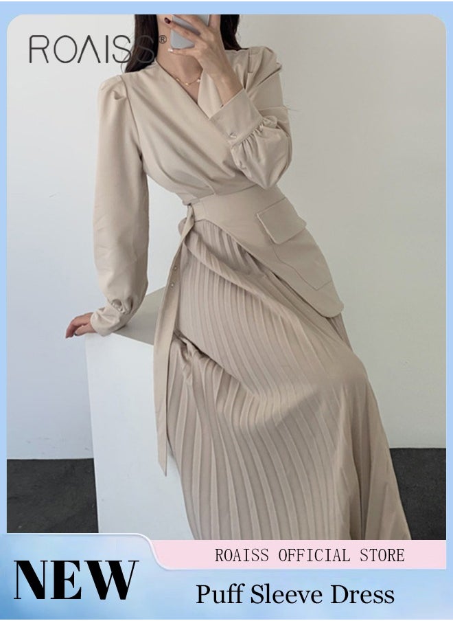 Exquisite V-Neck Dresses for Women with Puff Sleeve Design French Solid Color Long Sleeve Buttoned Pleated Hem High Waist Dress Ladies Elegant Premium Temperament Wedding Guest Costumes - pzsku/Z2D11BB8347FD7C13769AZ/45/_/1721964859/6cdc14b8-3239-4d10-9d21-468547d46294