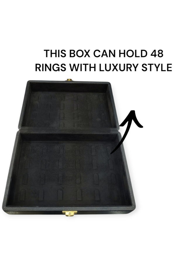 Al Seraj Jewellery Organizer Box for 48 Rings – Premium Black Soft Leather with Suede Interior, Large Lockable Ring Display Case for Storage, Gift & Travel – Elegant Jewellery Storage Box - Image 5
