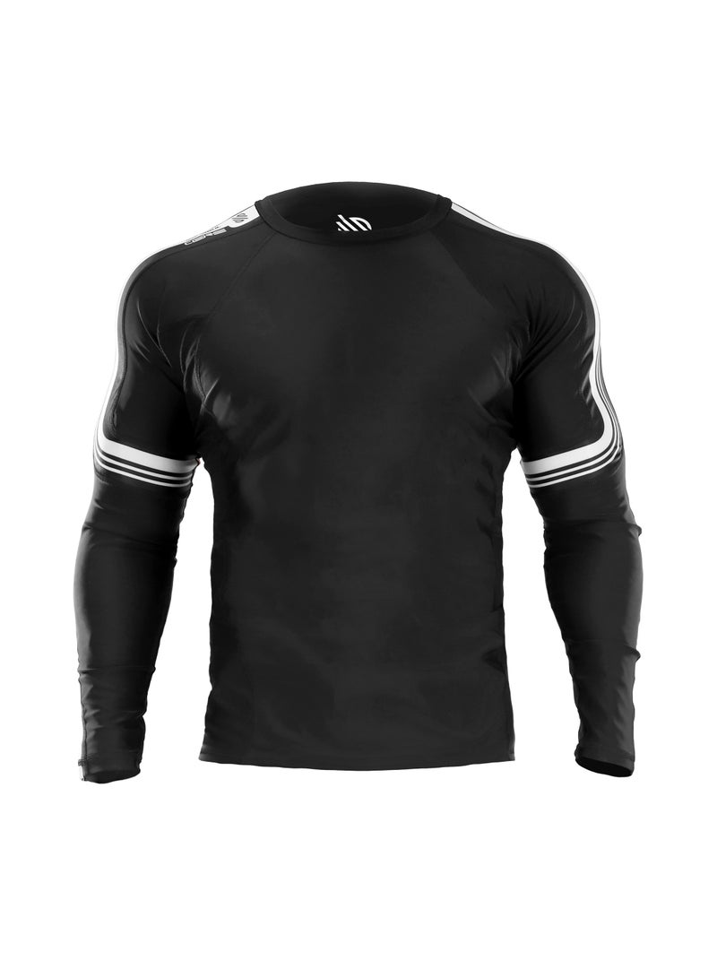 Sanabul Core Long Sleeve Jiu Jitsu Rash Guard – MMA, BJJ & Wrestling Grappling Shirt – Black with White Stripes, Small - Image 1