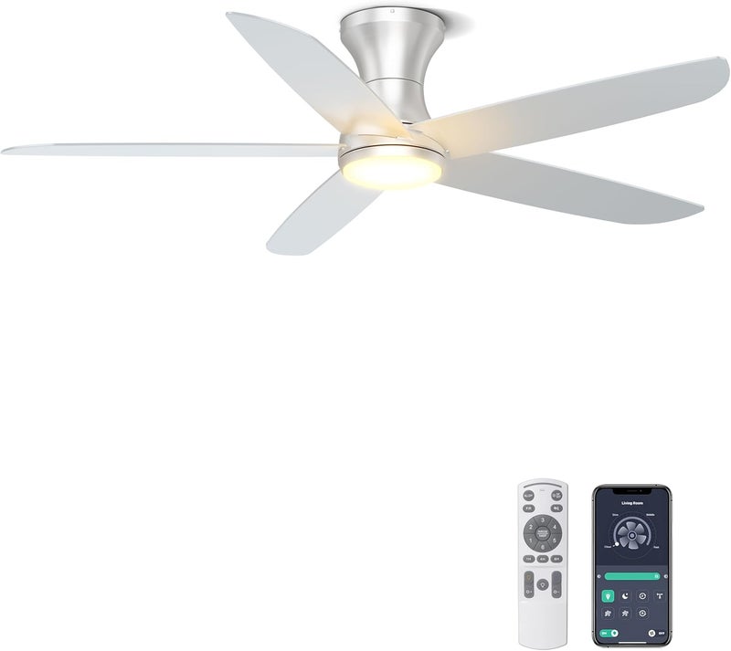 Ohniyou 46'' Ceiling Fan with Lights, Low Profile Ceiling Fans Remote/APP Control - Dimmable, Silent DC Motor, Modern Ceiling Fan for Bedroom Living Room, Silver - Image 1