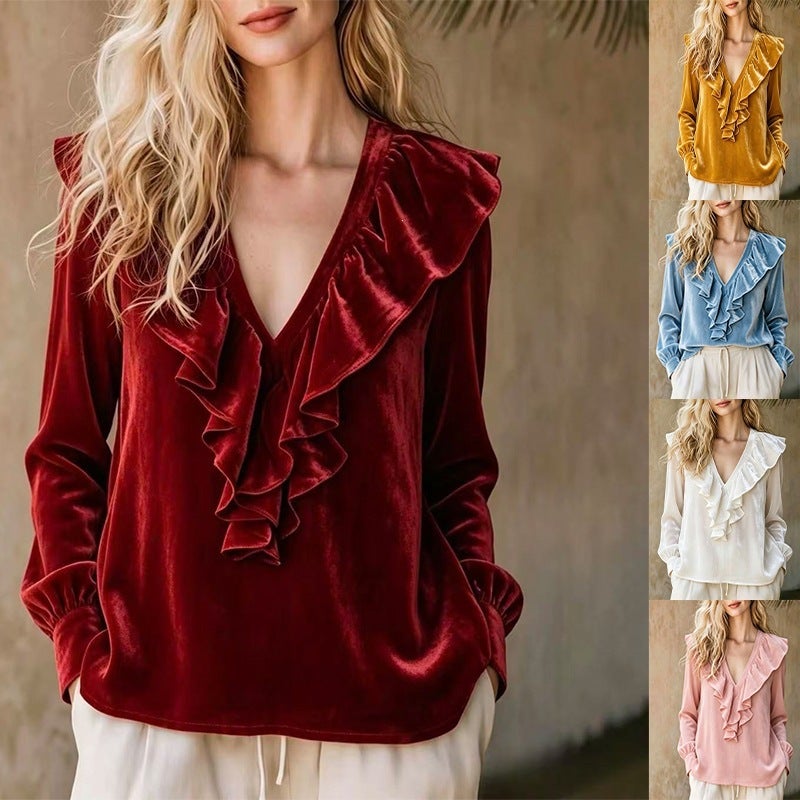 Women's Velvet V-Neck Ruffle Sweater - Image 1