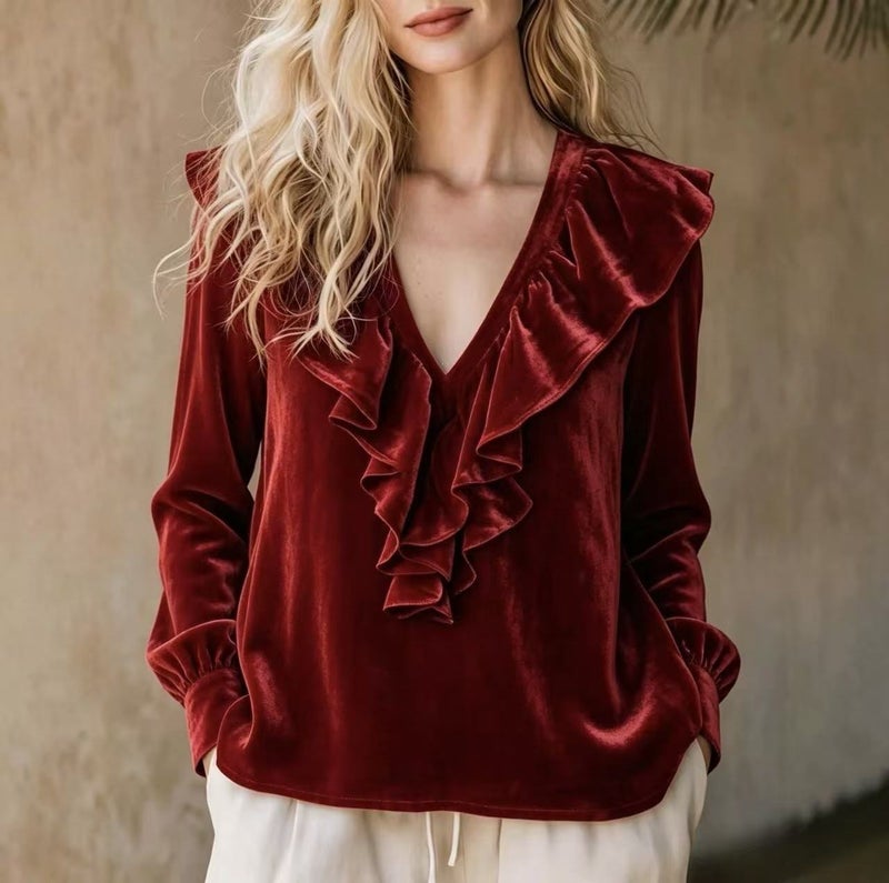 Women's Velvet V-Neck Ruffle Sweater - Image 2
