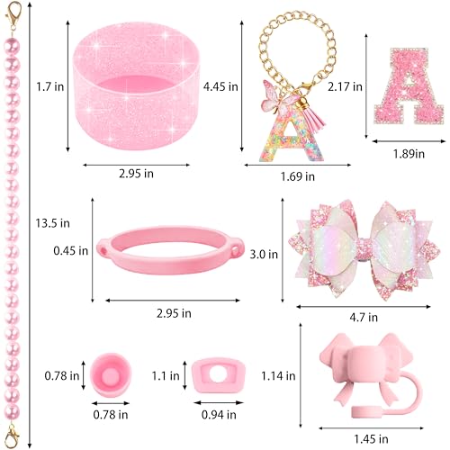 Hpebl 9PCS Pink for Stanley Cup Accessories Set Bling Initials Bow Charms for Stanley Decorations 30/40 Oz Tumbler Accessories Including Bow Straw Topper, Handle Strap, Spill Stopper（Letter A） - Image 3