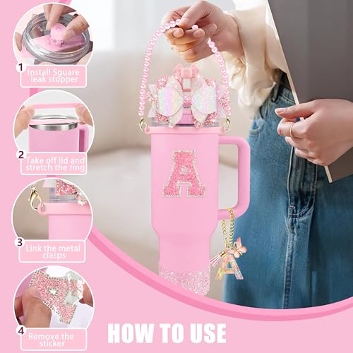 Hpebl 9PCS Pink for Stanley Cup Accessories Set Bling Initials Bow Charms for Stanley Decorations 30/40 Oz Tumbler Accessories Including Bow Straw Topper, Handle Strap, Spill Stopper（Letter A） - Image 5