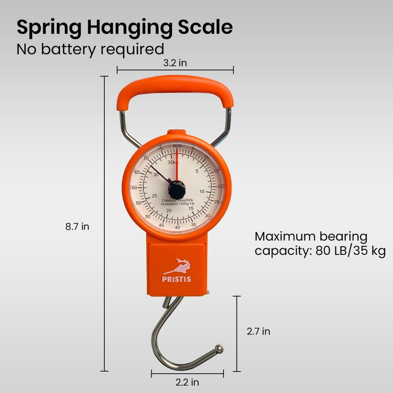 Pristis Fishing Hanging Scale, 80 LBs Fish Weight Analog Spring Hook Crane Scale Kit with Tape Measure & Non-Slip Large Handle, Portable Gear Equipment Accessory for Farm Kitchen Luggage Weighting - Image 4
