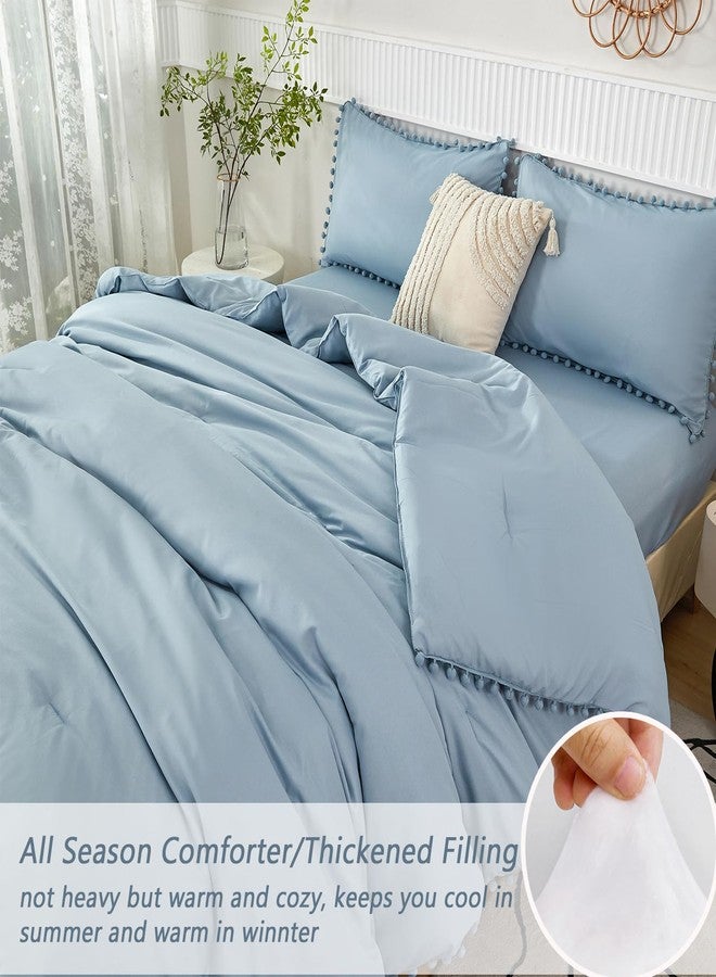 PERFEMET 5 Pcs Grayish Blue Bed in A Bag Twin Aesthetic Boho Comforter with Pom Pom Soft Fluffy Light Blue Solid Bedding Quilt Set for Girls Boys(Grayish Blue, Twin) - Image 5
