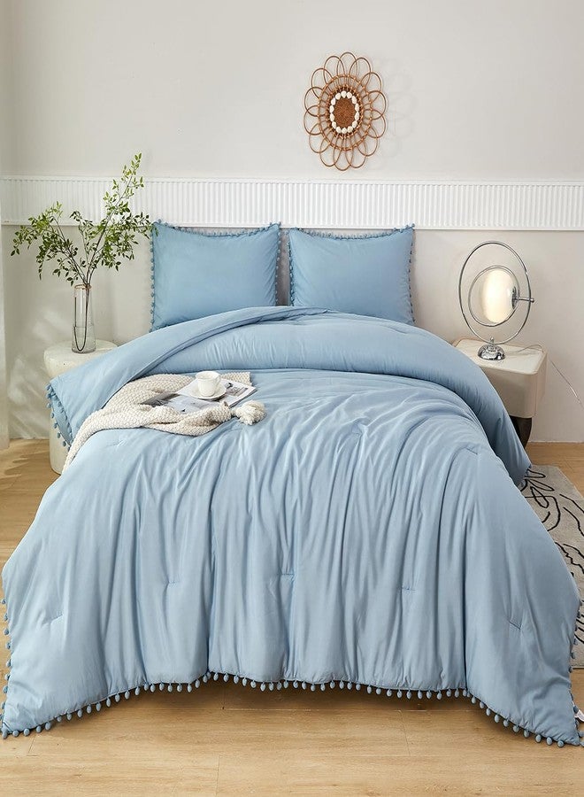 PERFEMET 5 Pcs Grayish Blue Bed in A Bag Twin Aesthetic Boho Comforter with Pom Pom Soft Fluffy Light Blue Solid Bedding Quilt Set for Girls Boys(Grayish Blue, Twin) - Image 2