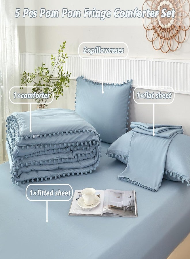 PERFEMET 5 Pcs Grayish Blue Bed in A Bag Twin Aesthetic Boho Comforter with Pom Pom Soft Fluffy Light Blue Solid Bedding Quilt Set for Girls Boys(Grayish Blue, Twin) - Image 3