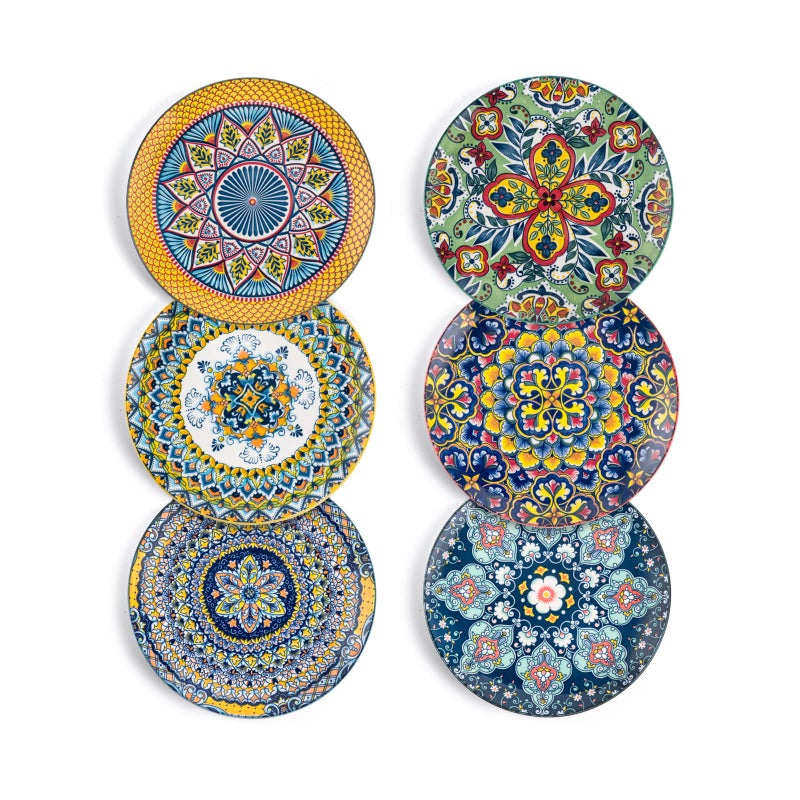 HENXFEN LEAD Dessert, Salad Plate Set 8.7 Inch, Colorful Ceramic Plates for Pasta, Appetizer, Snacks - Serving Dishes for Thanksgiving & Christmas, Dishwasher & Microwave Safe, Set of 6 - Bohemian Style  - Image 1