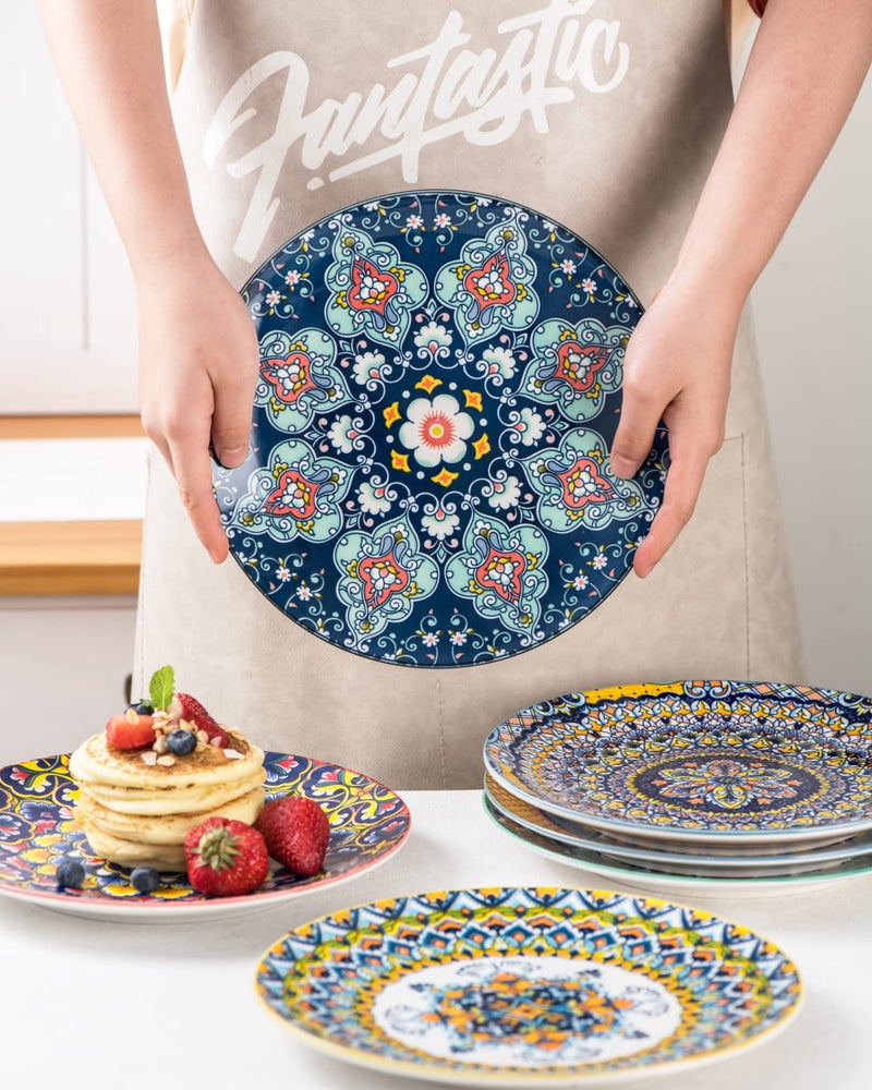 HENXFEN LEAD Dessert, Salad Plate Set 8.7 Inch, Colorful Ceramic Plates for Pasta, Appetizer, Snacks - Serving Dishes for Thanksgiving & Christmas, Dishwasher & Microwave Safe, Set of 6 - Bohemian Style  - Image 4