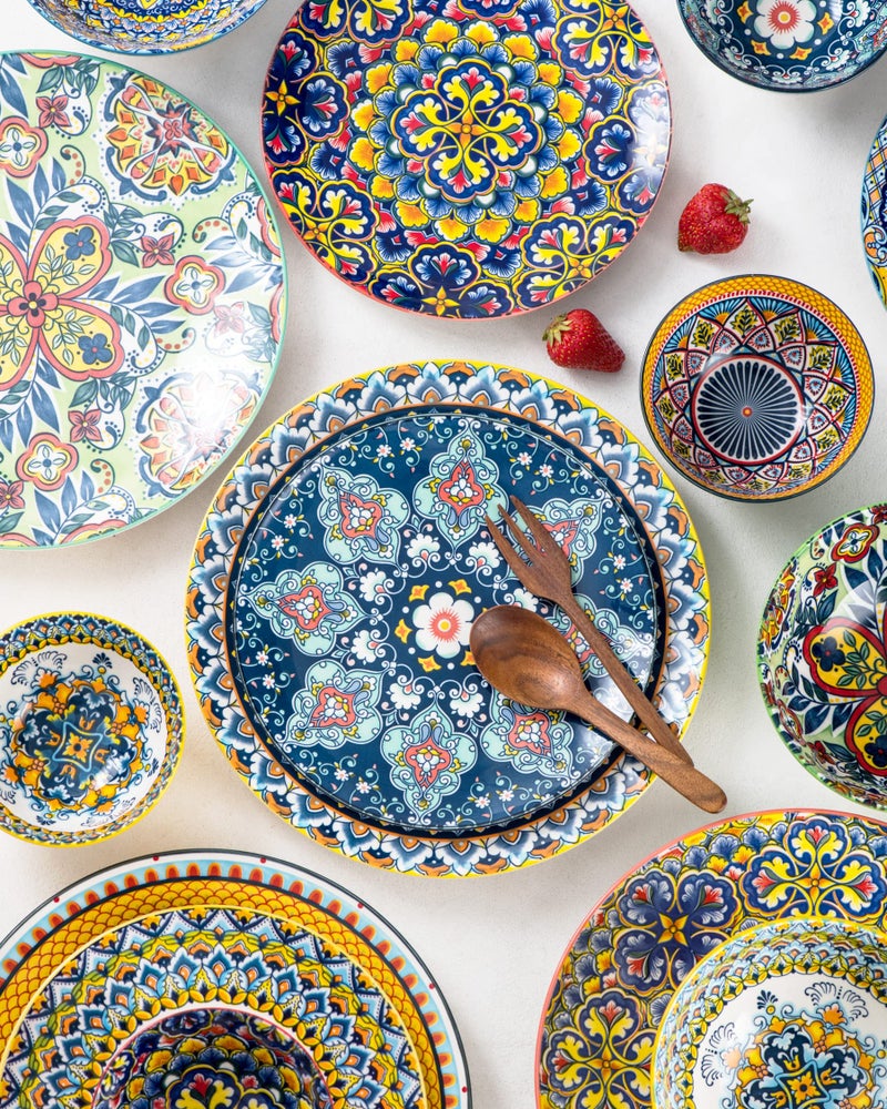 HENXFEN LEAD Dessert, Salad Plate Set 8.7 Inch, Colorful Ceramic Plates for Pasta, Appetizer, Snacks - Serving Dishes for Thanksgiving & Christmas, Dishwasher & Microwave Safe, Set of 6 - Bohemian Style  - Image 3